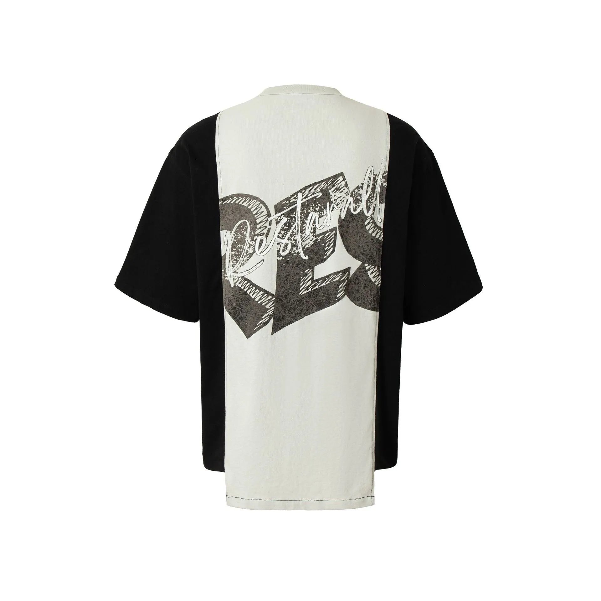 Black and white deconstruction collage printed t-shirt with short sleeves and loose fit.