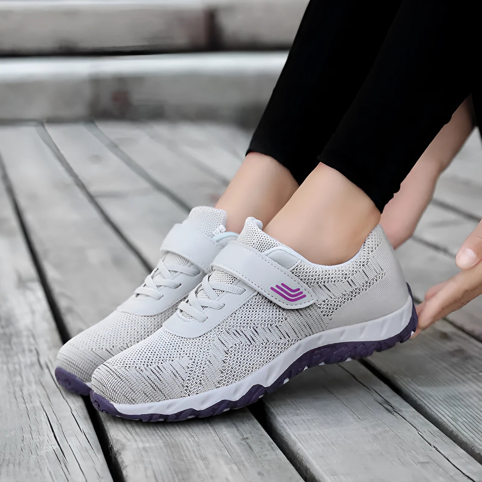 Women's grey purple wedge shoes with mesh upper and velcro closure, showing round toe and soft composite sole.