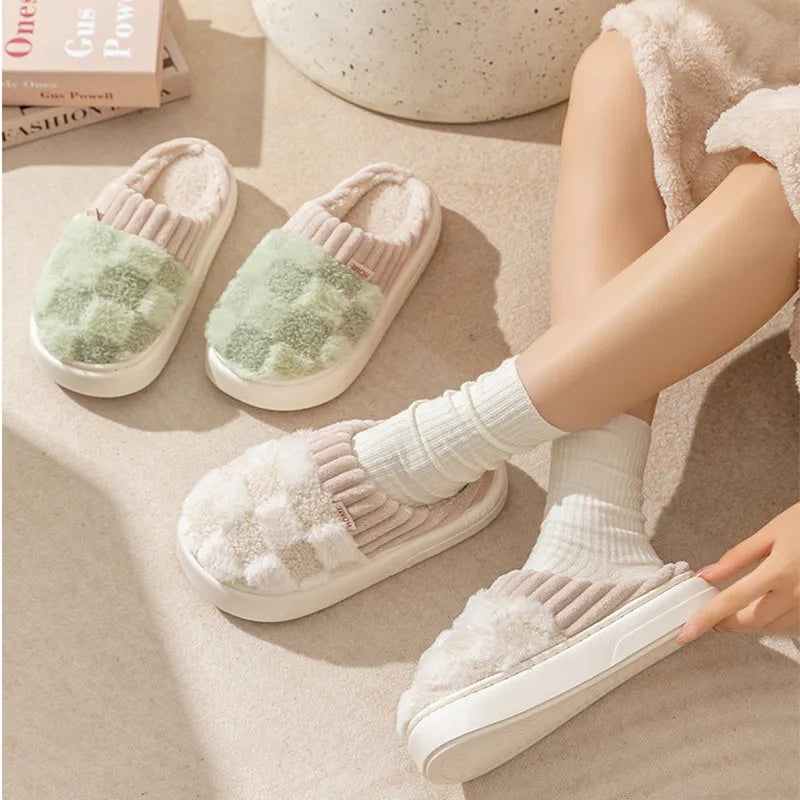 Women's plaid patterned plush slippers with non-slip sole in multiple colour options