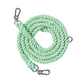Woven rainbow dog leash on a green background showing double-headed design and silver metal accessories