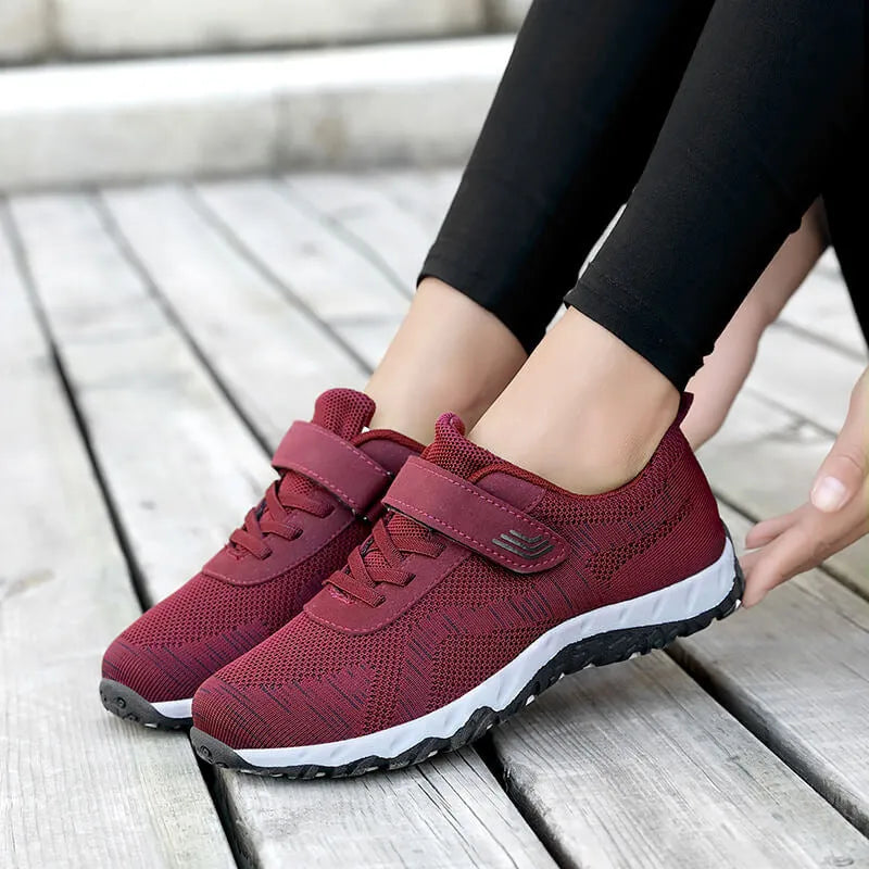 Women's grey purple wedge shoes with mesh upper and velcro closure, showing round toe and soft composite sole.