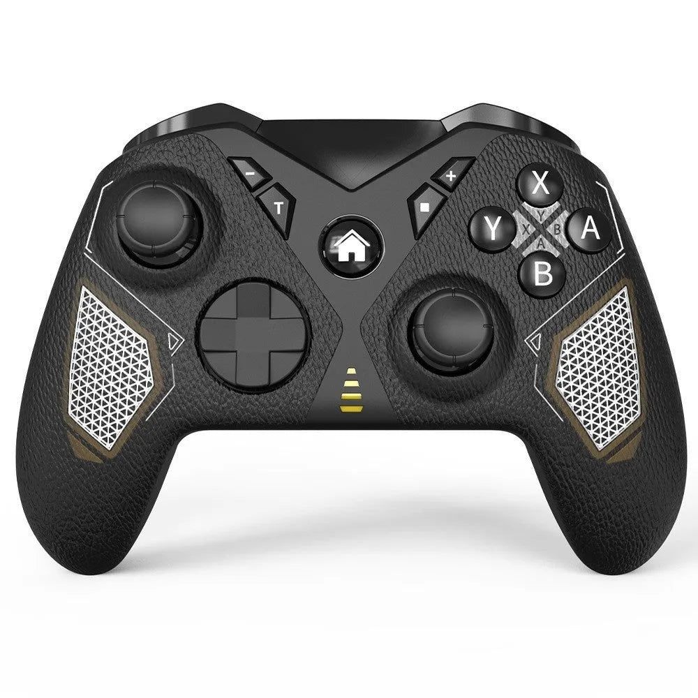 Black wireless Bluetooth game controller with leather-textured finish for Nintendo Switch, smartphones, and PC gaming