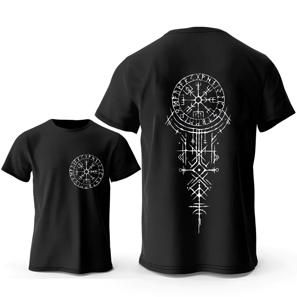 Men's grey T-shirt with a printed Viking rune compass graphic on the front.