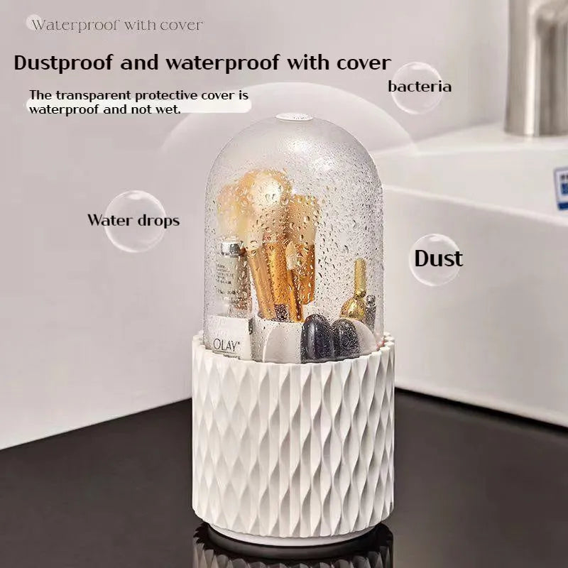 White acrylic makeup brush holder with transparent dust cover and rotating base