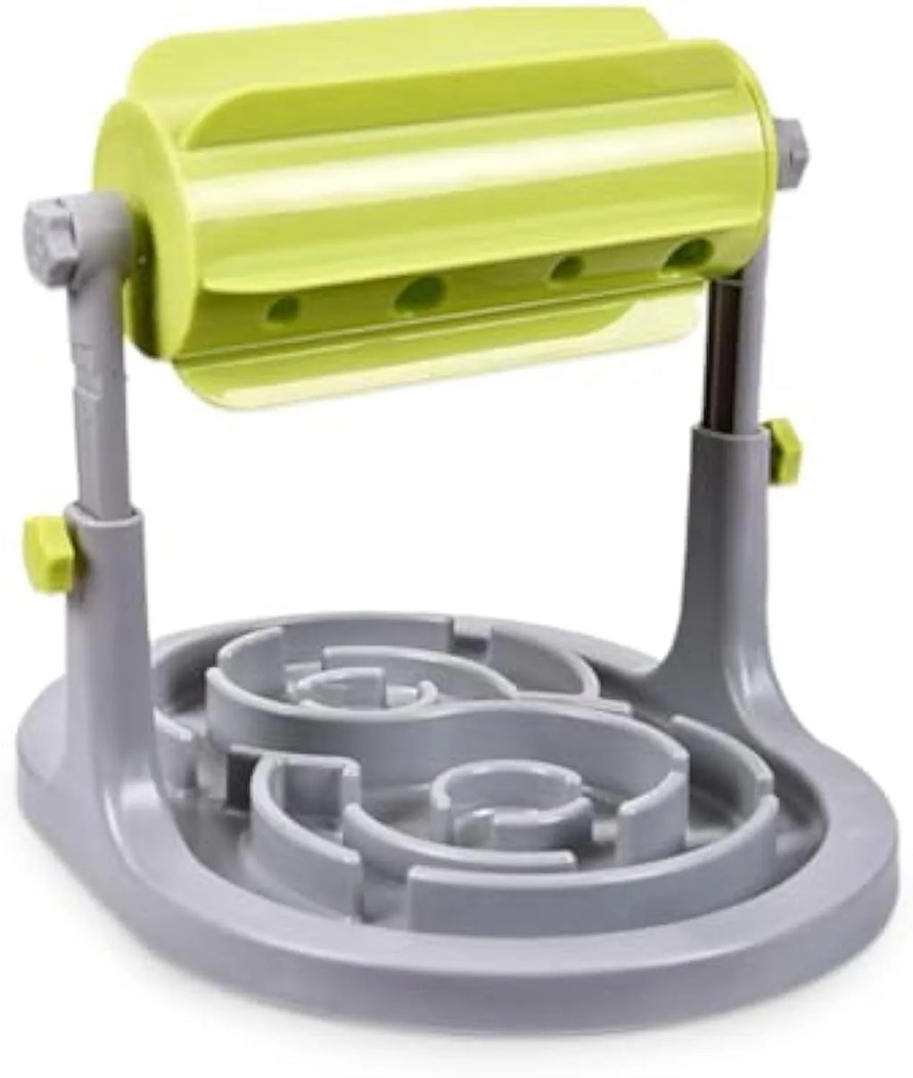 Blue interactive pet slow feeder puzzle toy with raised patterns and adjustable height mechanism