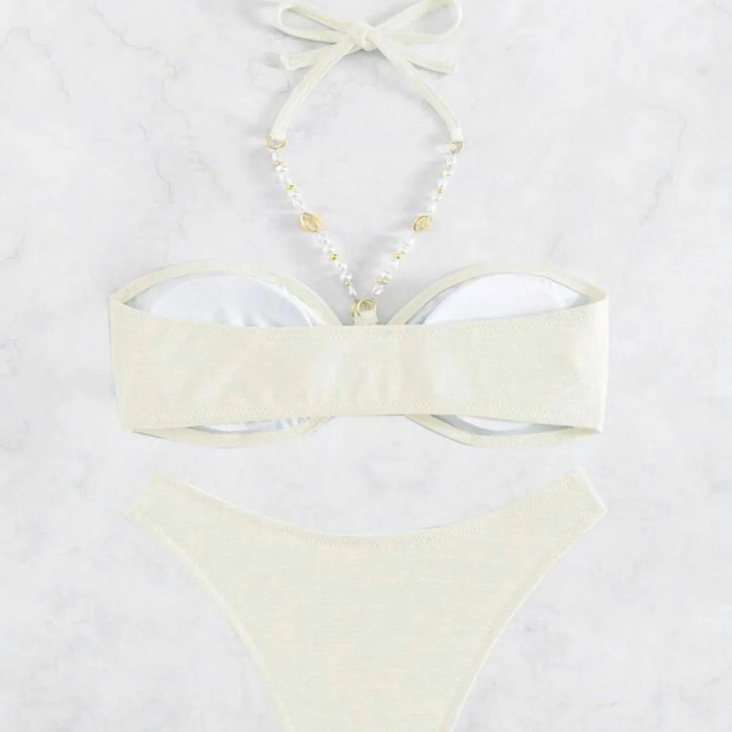 Women's halter bikini set in solid creamy-white colour with polyester spandex fabric