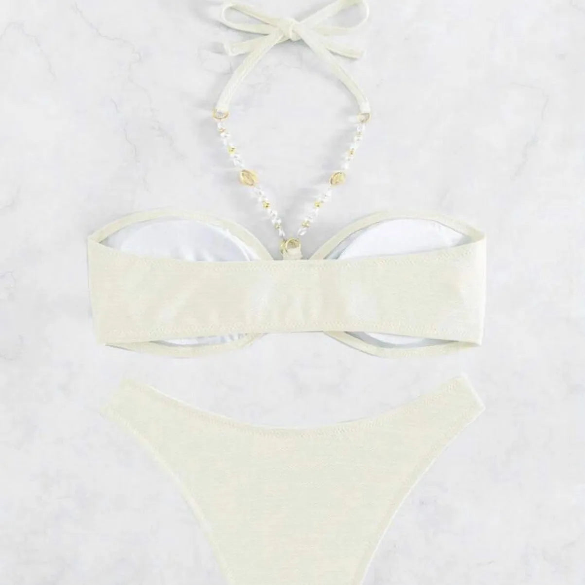 Women's halter bikini set in solid creamy-white colour with polyester spandex fabric