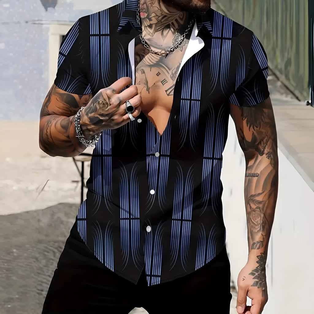 Men's blue geometric print lapel short sleeve shirt in slim fit