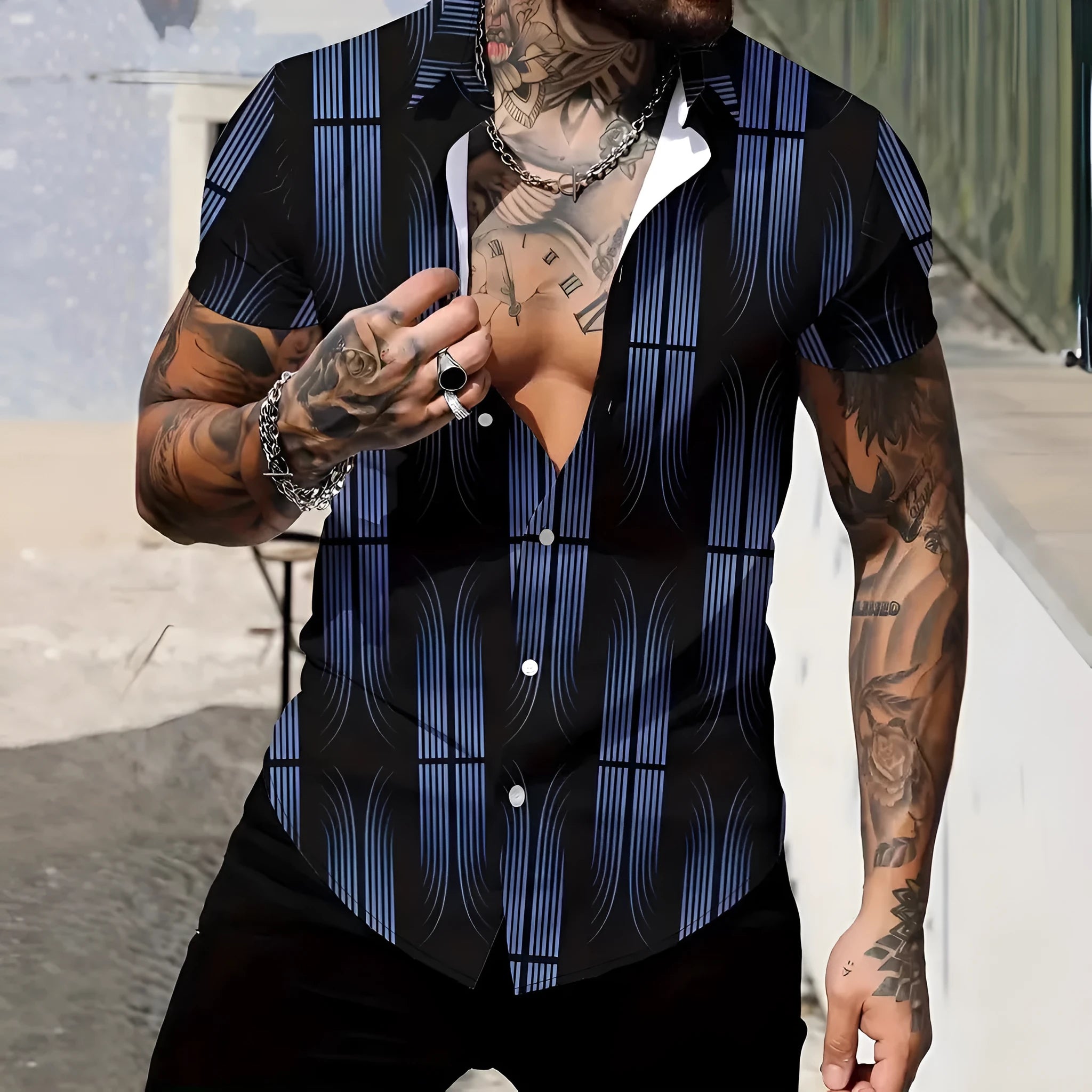 Men's blue geometric print lapel short sleeve shirt in slim fit