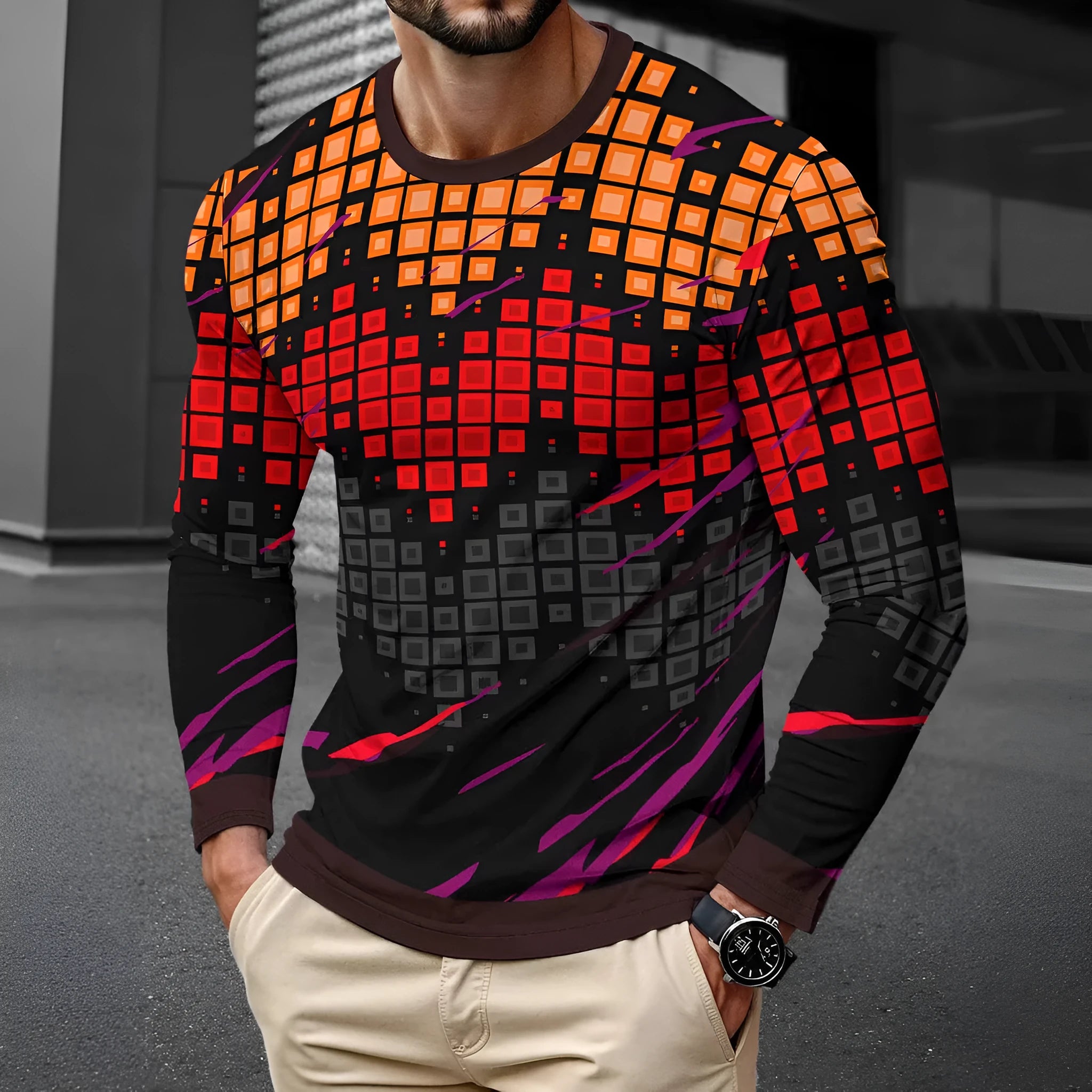 Men's long sleeve round neck pullover top in milk silk fabric, young casual style, multiple colours available