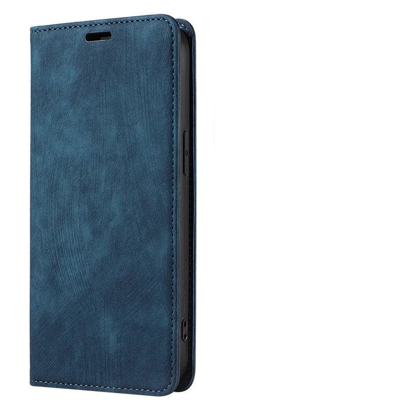 Magnetic flip phone case for iPhone in genuine leather and TPU, showing black, brown, and blue colour options.