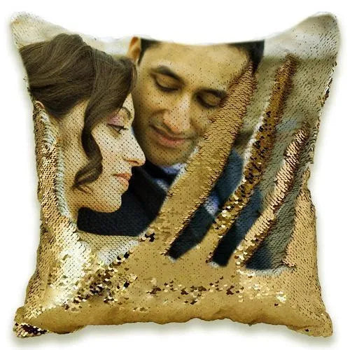 Custom photo sequins pillowcase 40x40cm gold reverse with uploaded picture displayed