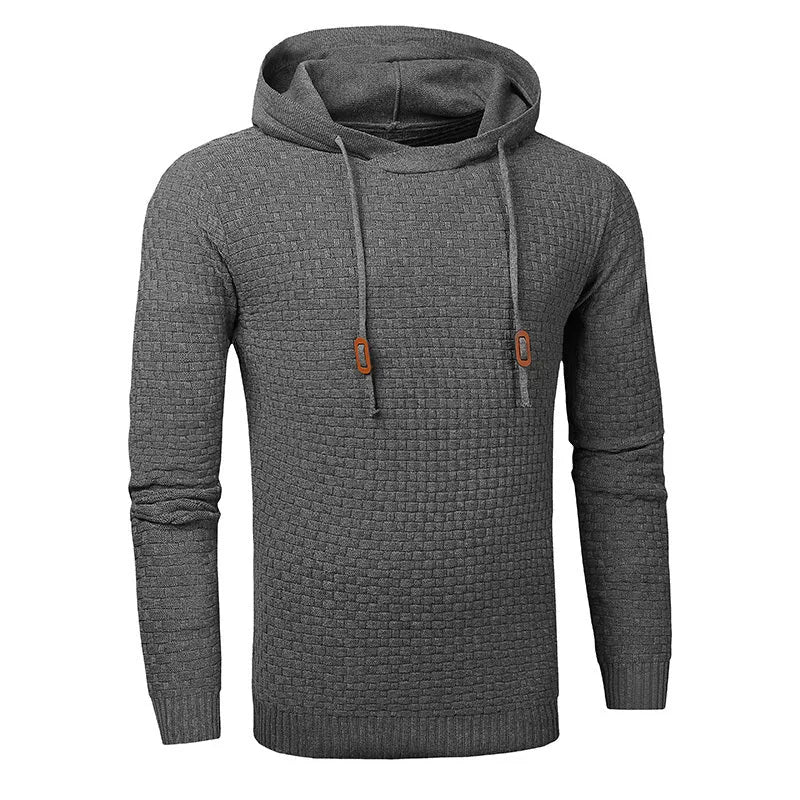 Men's cotton-polyester blend hoodie sweater on a hanger, shown in one of nine available colours.