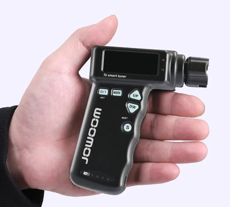 Multi-functional smart guitar tuner with string winder 2-in-1 tool, black and white, with colour LCD display showing tuning status