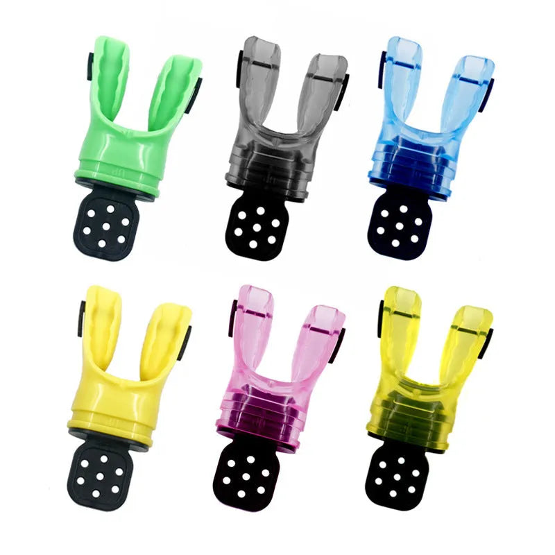 Edible silicone plastic free diving mouthpiece in various colours, showing 110mm length.