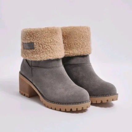 Women's mid-tube suede snow boots with thick construction and flat heel in multiple colour options