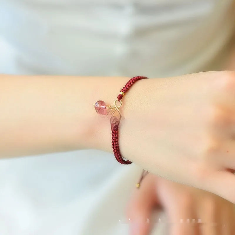Women's natural strawberry quartz cherry bracelet with crystal beads and fruit-shaped design