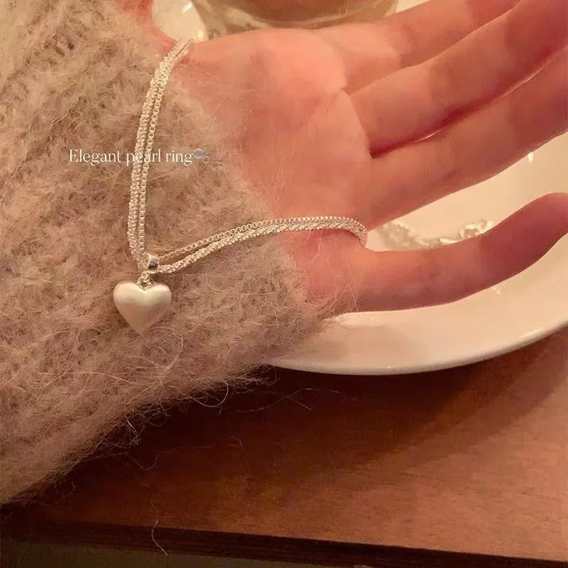 Double-layer brushed heart pendant necklace for women, white copper plated thick silver chain adjustable 41-50cm