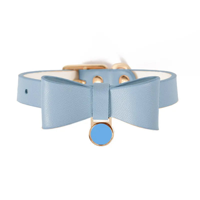 Luxury leather pet cat collar free size brown with metal chain ring and rope