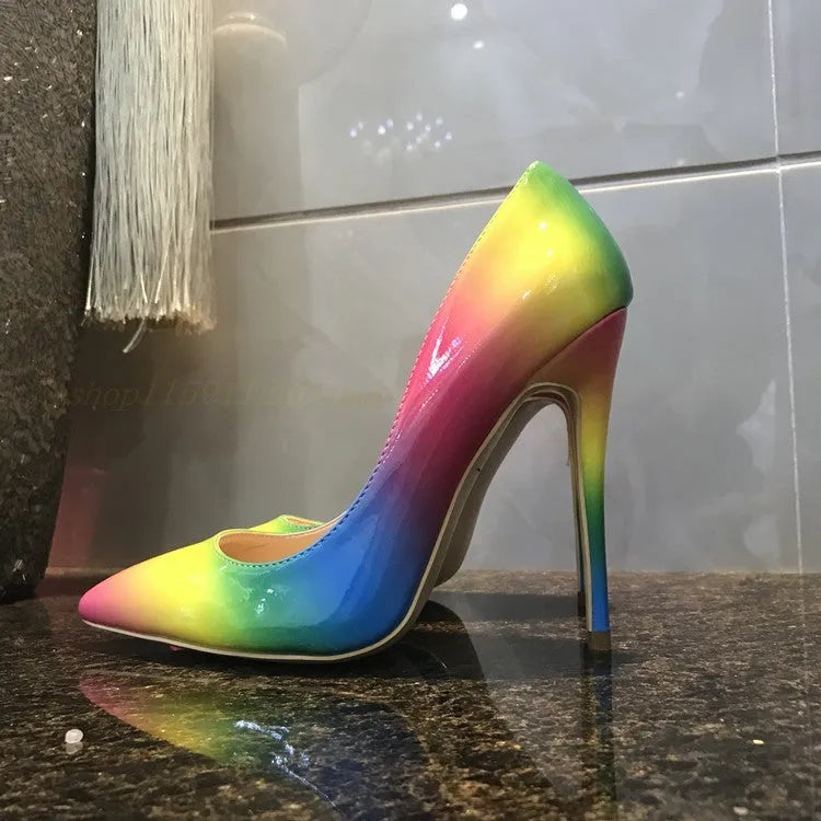 Rainbow patent leather women's stiletto sandals with pointed toe and ultra-high thin heels