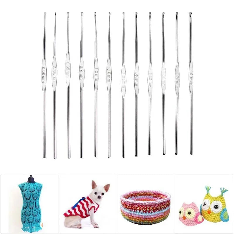 23 stainless steel crochet hooks in various metric sizes from 0.6mm to 8.0mm, random single colour finish