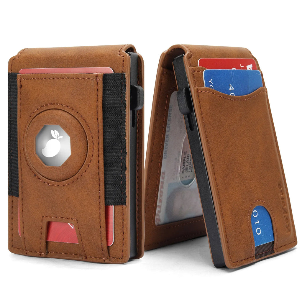 Microfiber card holder men's slim wallet in black, with card slots visible, on a neutral background
