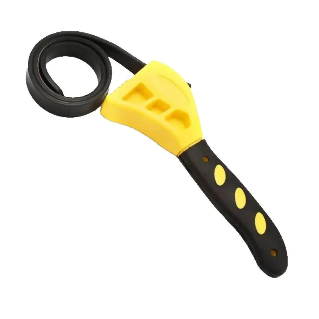 Adjustable rubber strap wrench with plastic handle, shown with 6-inch and 8-inch sizes for pipes and filters.