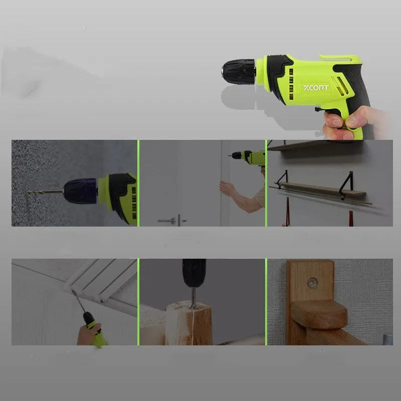 450W pistol-grip electric hand drill with a 10mm chuck on a workbench.