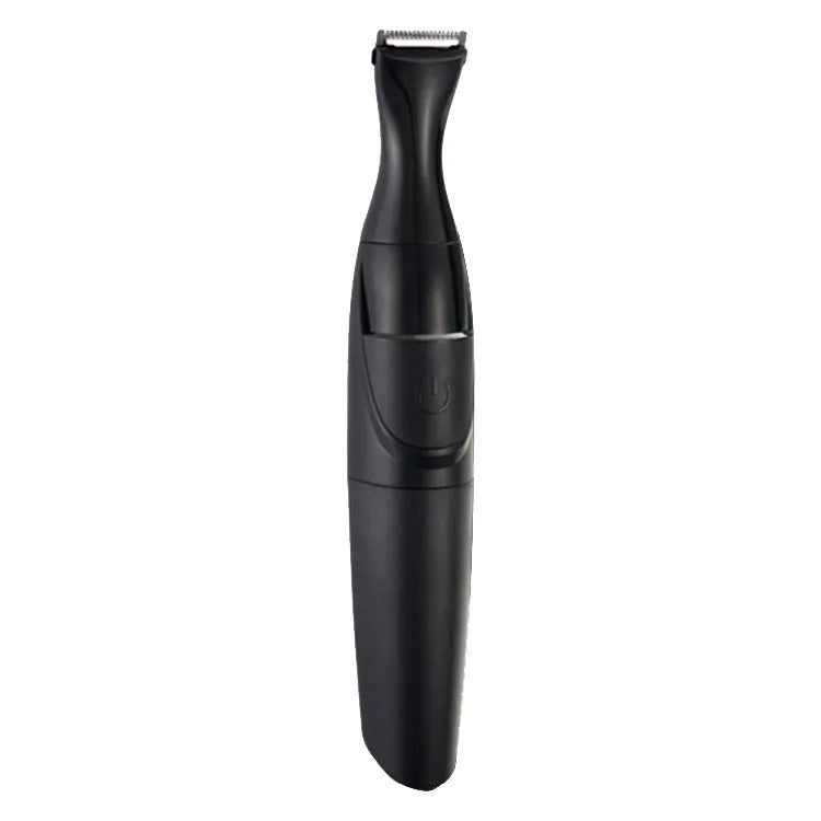 Men's black electric trimmer set with reciprocating head, charging base, and grooming accessories
