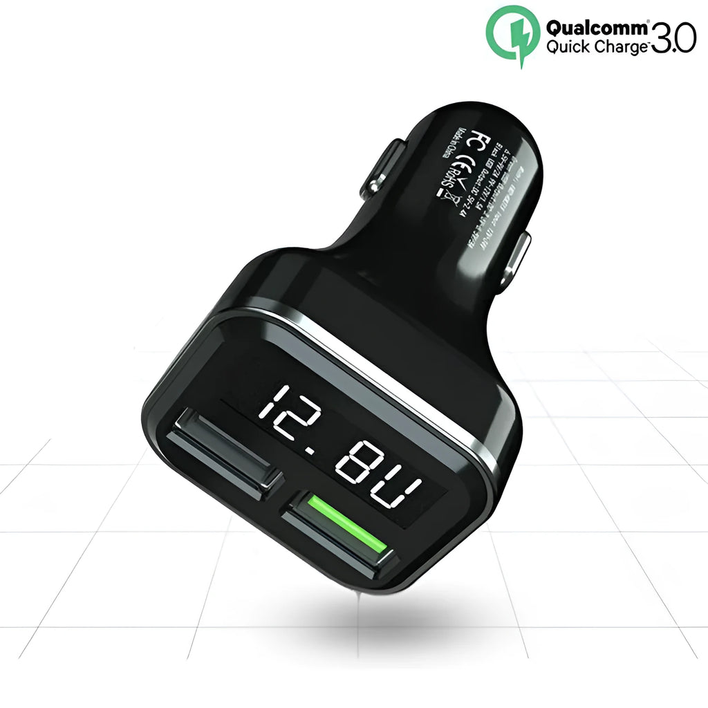 Black car charger with LCD display showing voltage reading, dual USB ports, PC+ABS construction
