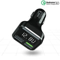 Black car charger with LCD display showing voltage reading, dual USB ports, PC+ABS construction
