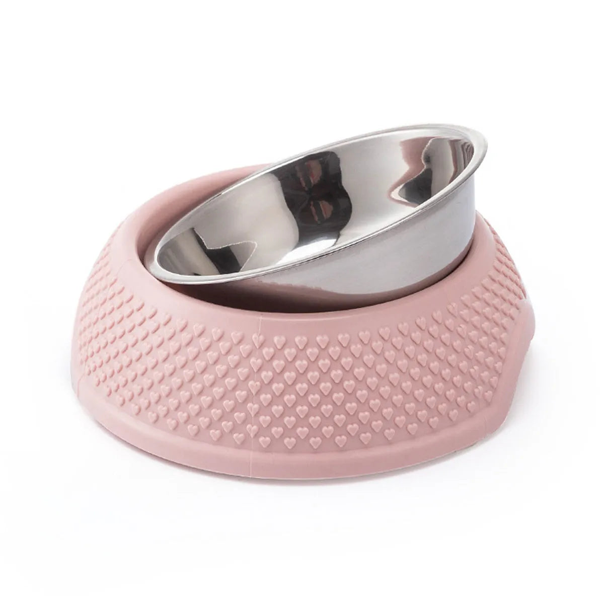 Stainless steel cat food bowl with non-slip base in blue colour on a grey background