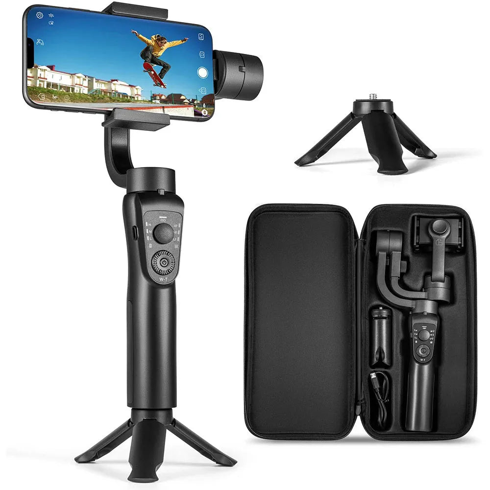 Black three-axis handheld gimbal stabilizer for mobile phones with extended battery and carrying cases
