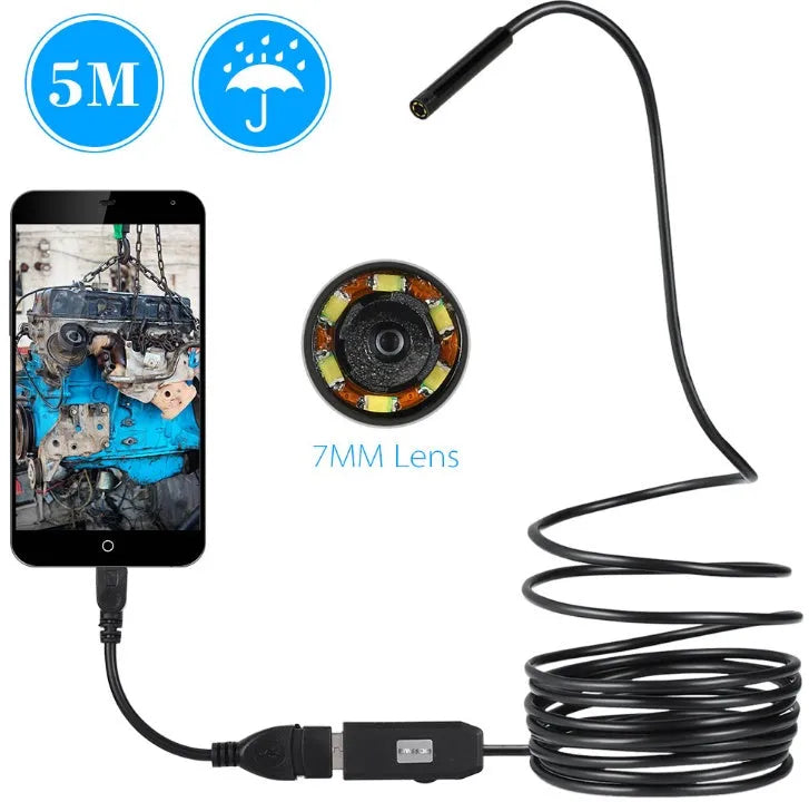 OWSOO USB endoscope camera with 5m cable, hook, magnet, and side mirror accessories for phone and PC inspection.