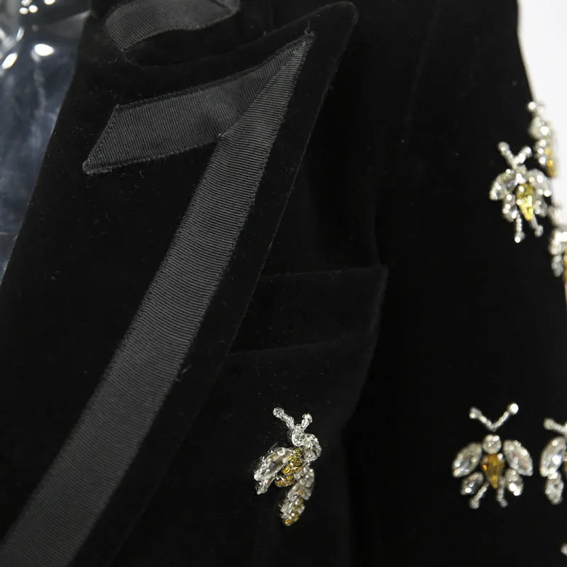 Black velvet blazer with animal print pattern, cashmere blend, slim fit, suit collar, long sleeves