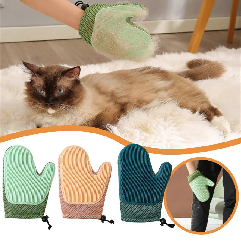 Dark blue mesh and TPR pet grooming glove for removing dog and cat hair, measuring 21cm by 5.5cm.