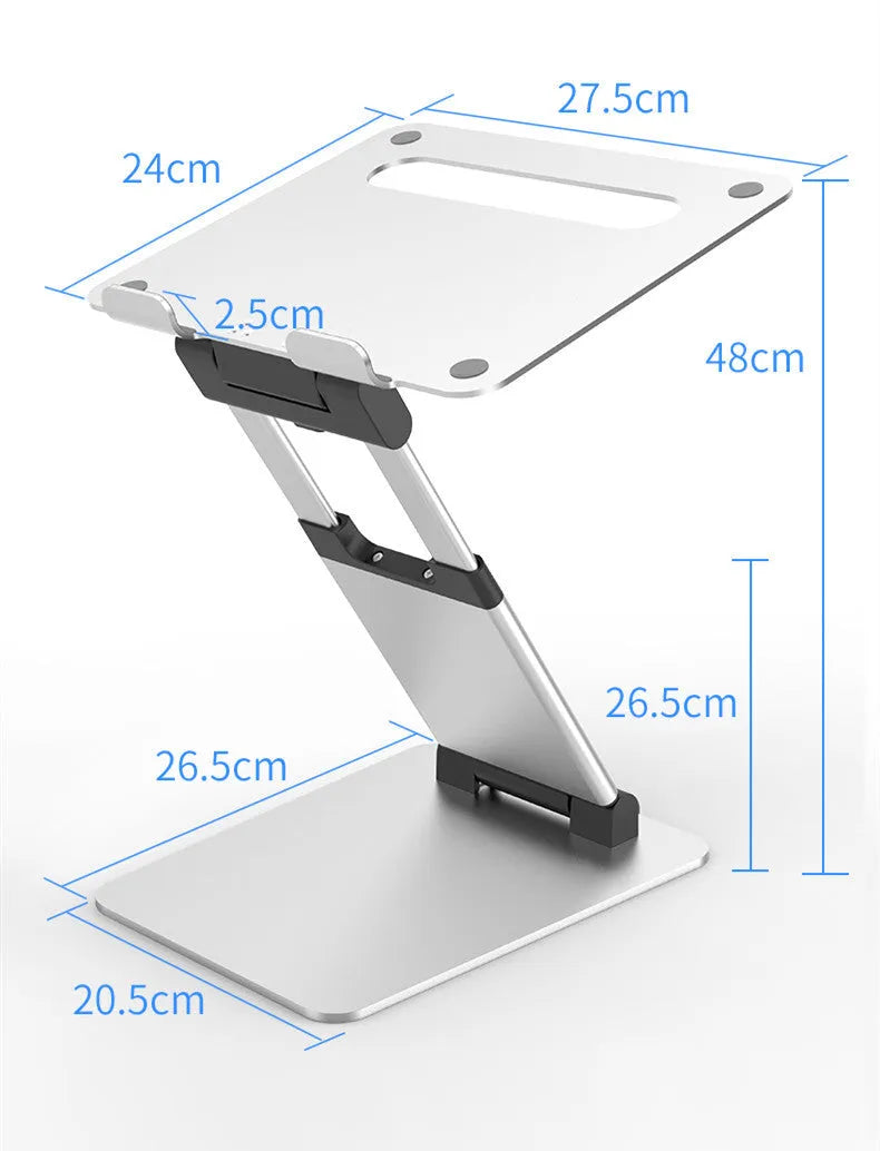 Silver aluminium alloy folding double-arm stepless stand holding a 17-inch notebook on a desk
