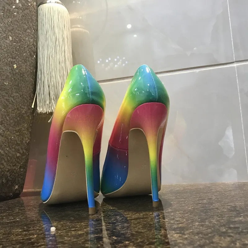 Rainbow patent leather women's stiletto sandals with pointed toe and ultra-high thin heels