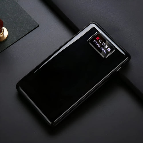 18650 6-cell DIY mobile charging bank case in black with Type-C and Micro USB ports, 22mm x 76mm x 150mm