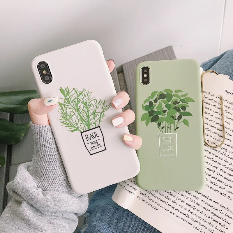 White silicone phone case back cover with painted plant pattern for iPhone