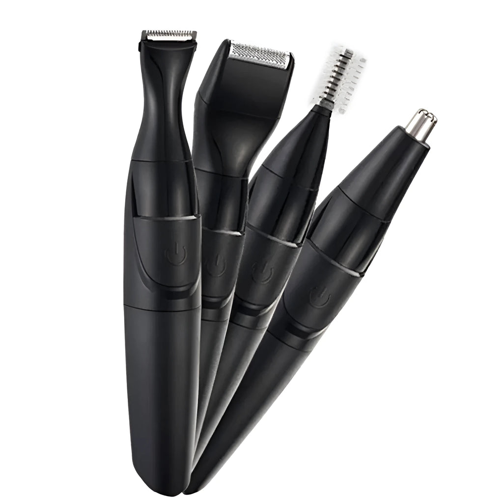 Men's black electric trimmer set with reciprocating head, charging base, and grooming accessories