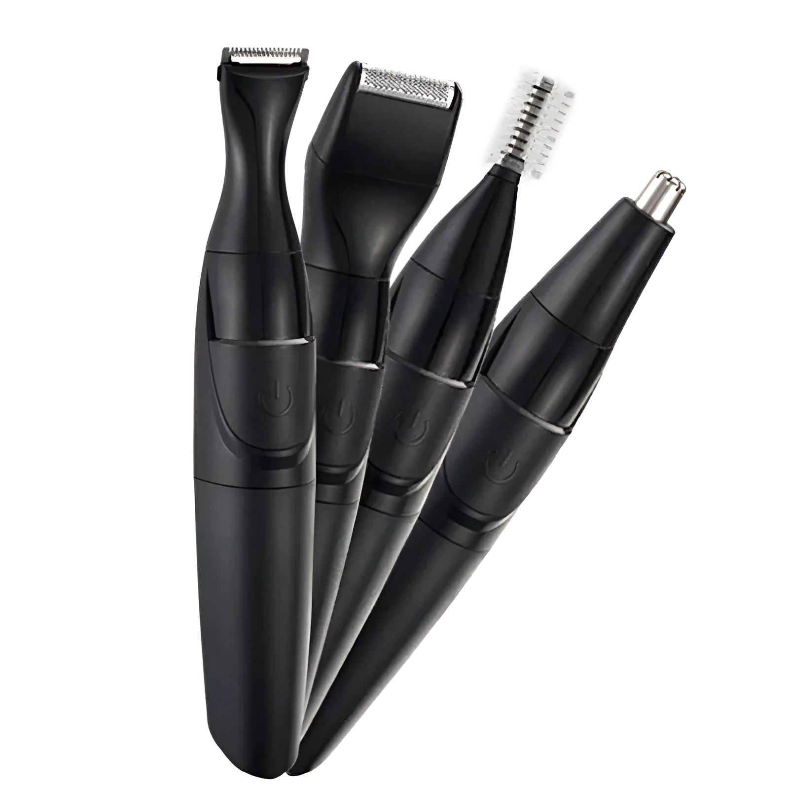Men's black electric trimmer set with reciprocating head, charging base, and grooming accessories