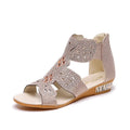 Women's flat sandals with rhinestone hollow design open toe back zipper PU upper rubber sole in beige