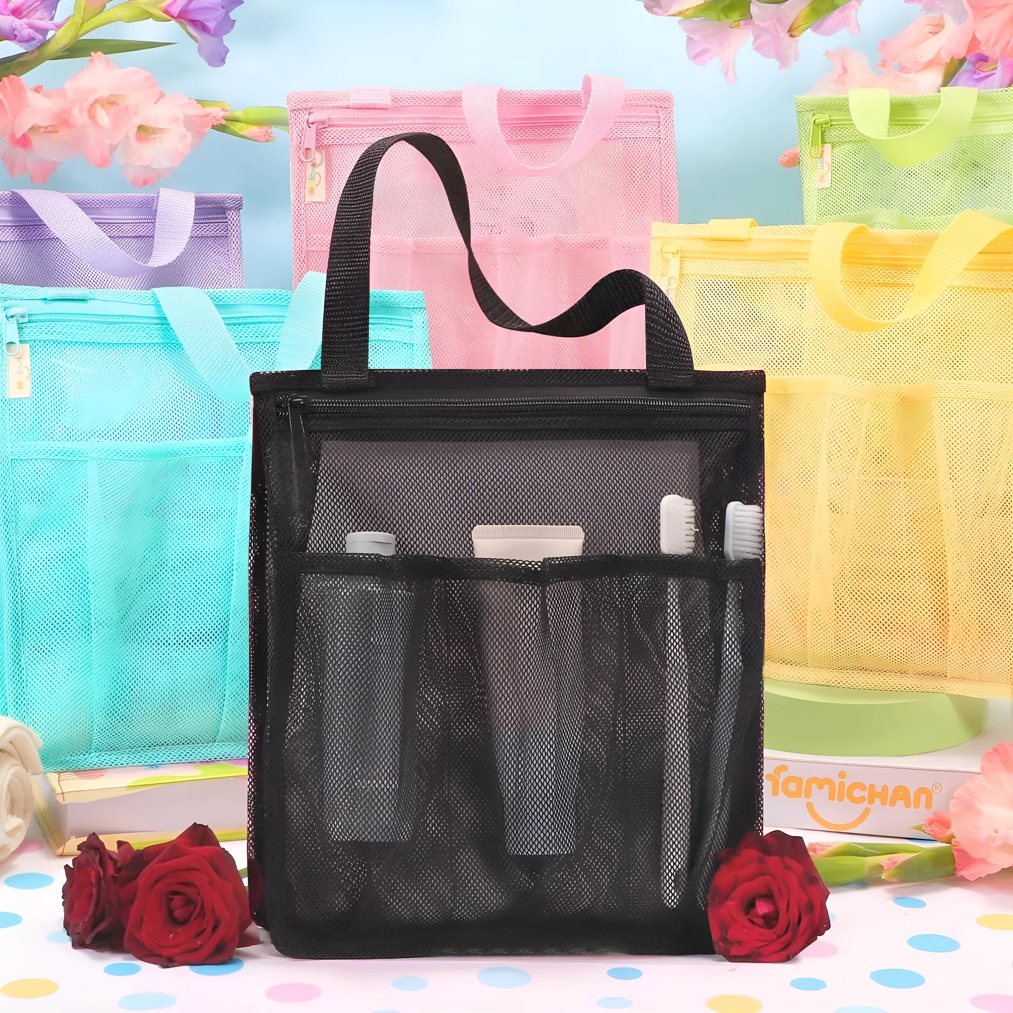 Large capacity polyester swimming gym bag with mesh pocket, dry wet separation, in black and pink