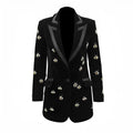 Black velvet blazer with animal print pattern, cashmere blend, slim fit, suit collar, long sleeves