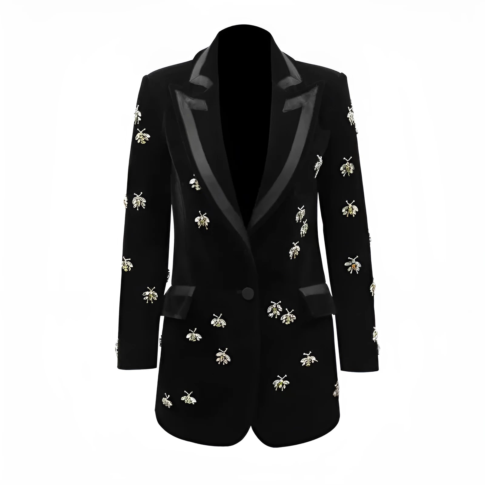 Black velvet blazer with animal print pattern, cashmere blend, slim fit, suit collar, long sleeves