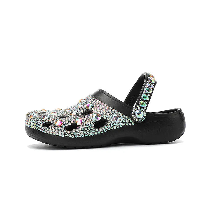 Black platform casual sandals for women with rhinestone details and hole shoe design