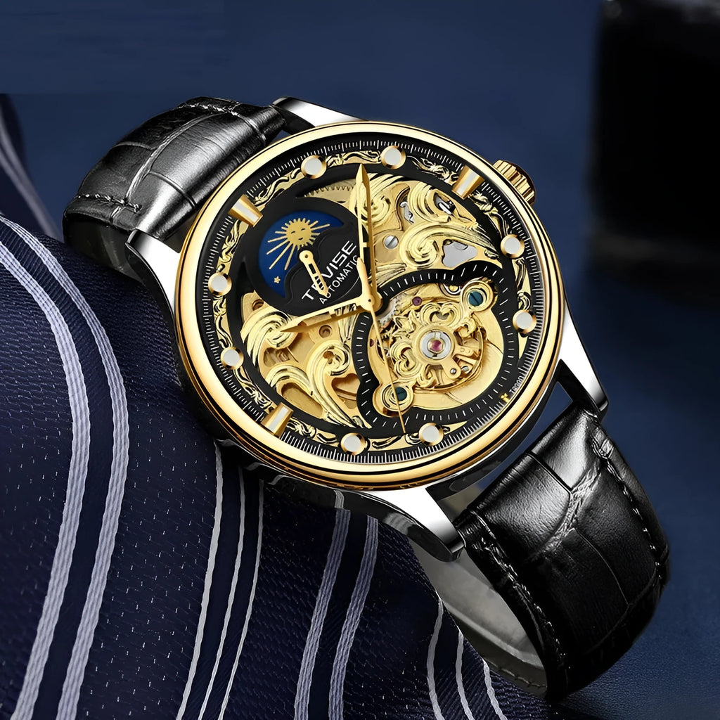 Men's gold and white leather strap automatic mechanical waterproof business watch 16mm thickness