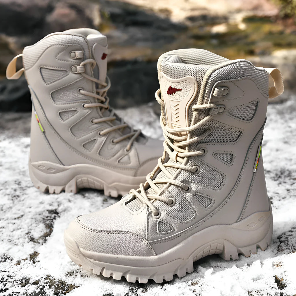Cowhide hi-top hiking shoes with platform sole for trail running and climbing