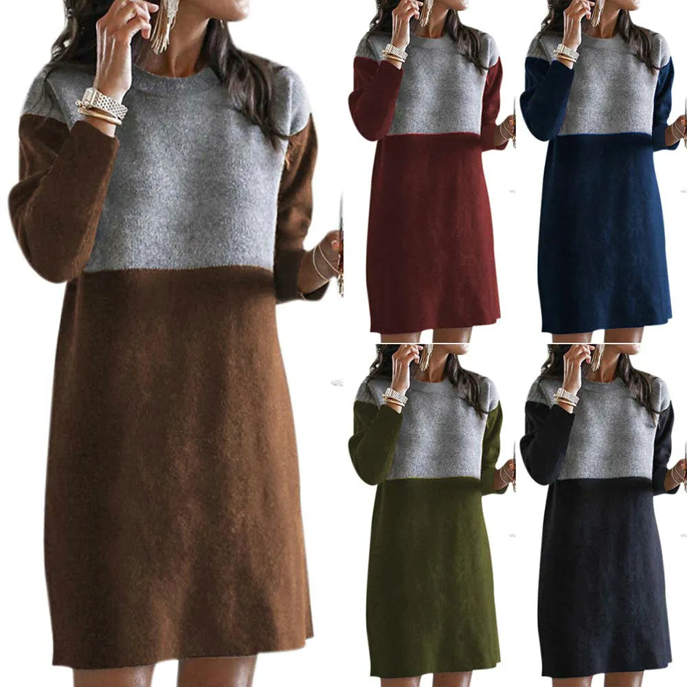 Brown women's sweater dress with patchwork collar detail and long sleeves